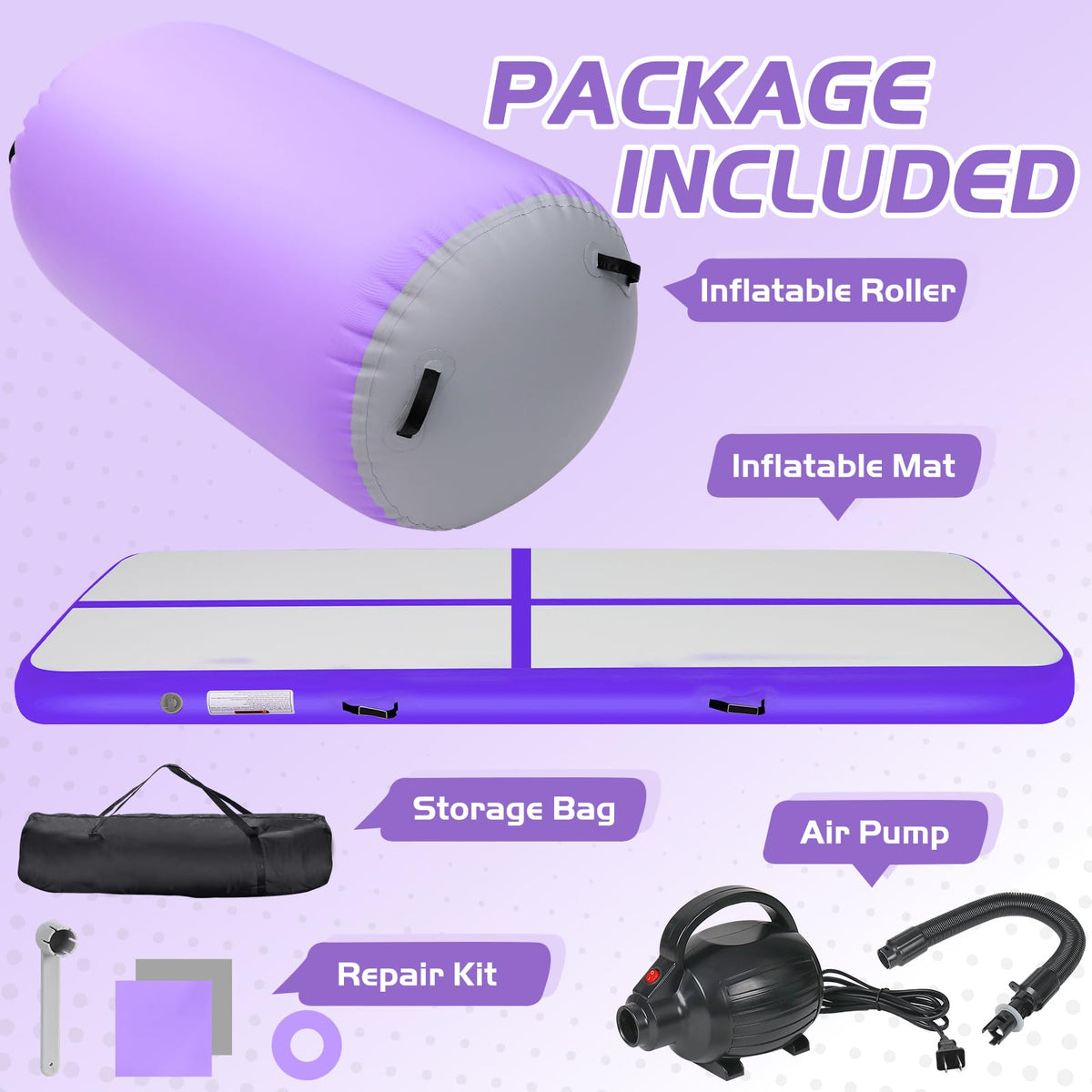 KIKILIVE Inflatable Gymnastics Tumble Mat 13ft and Air Roller 40x23inch Purple Gray, Air Mat Track 4 inches Thickness and Air Roller Gymnastics Barrel with Electric Air Pump for Home Use Outdoor Training Cheerleading Beach Park