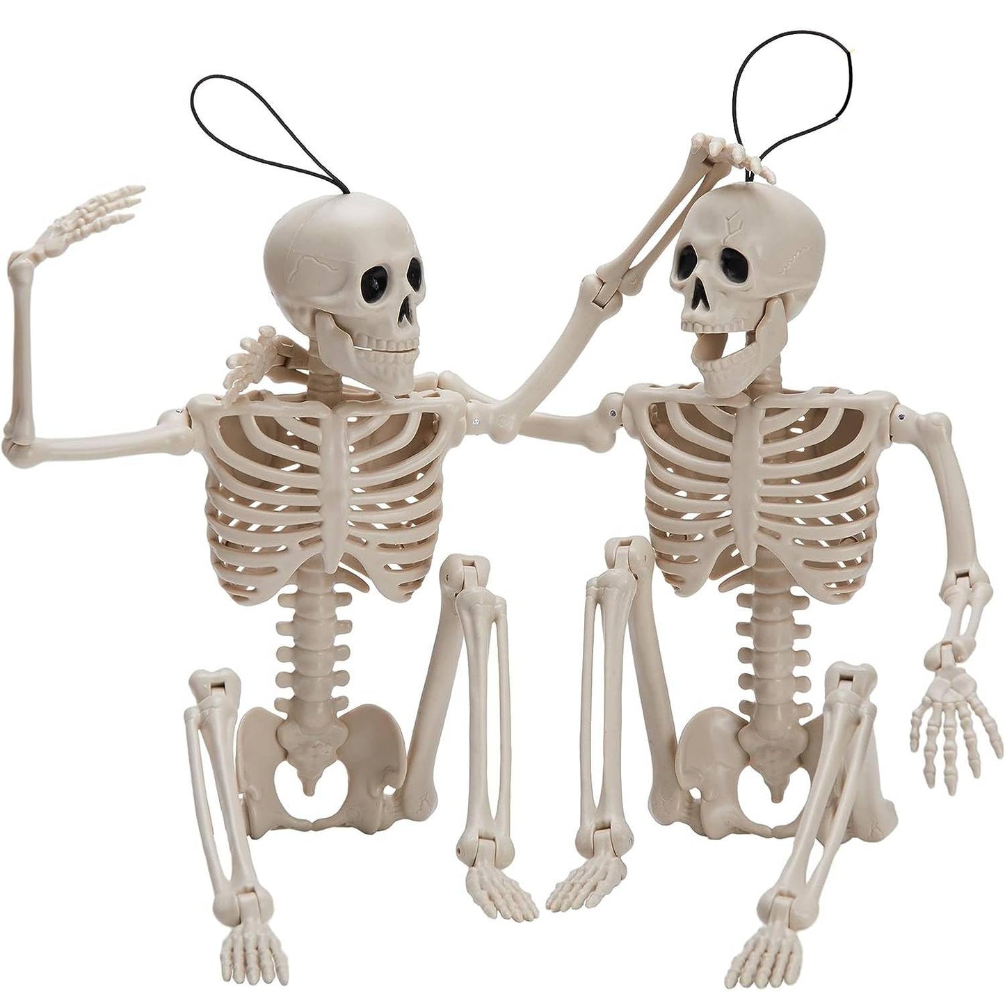 JOYIN 2PCS 16" Halloween Skeleton Decor, Full Body Stayable Movable Joints, Posable Hanging Skeletons for Halloween Decoration, Yard, Graveyard, Haunted House Props, Spooky Scene Party Favor