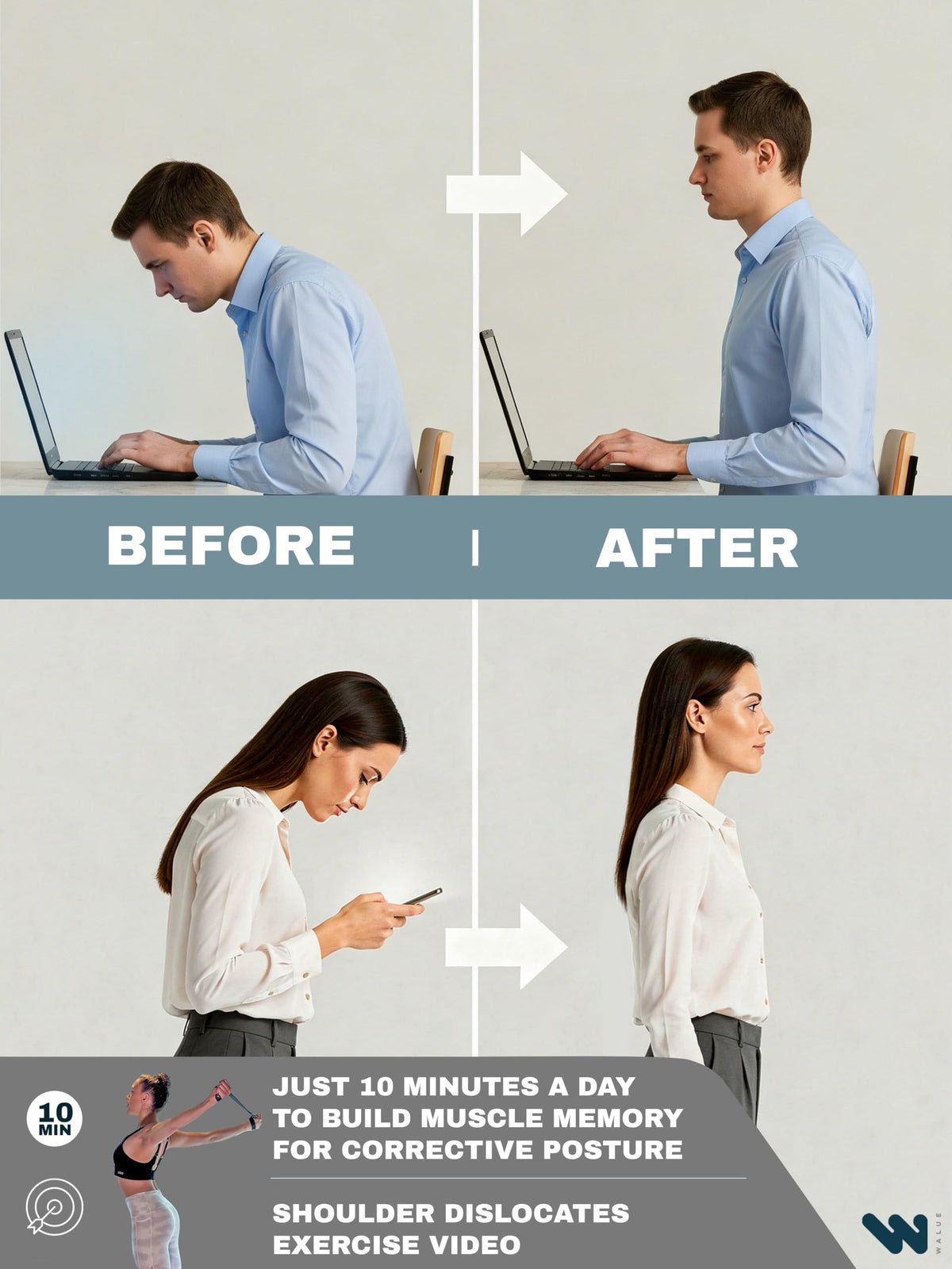 WALUE™ Posture Correction & Shoulder Exerciser – Non-Elastic Stretch Strap for Exercise, Yoga, Flexibility & Physical Therapy