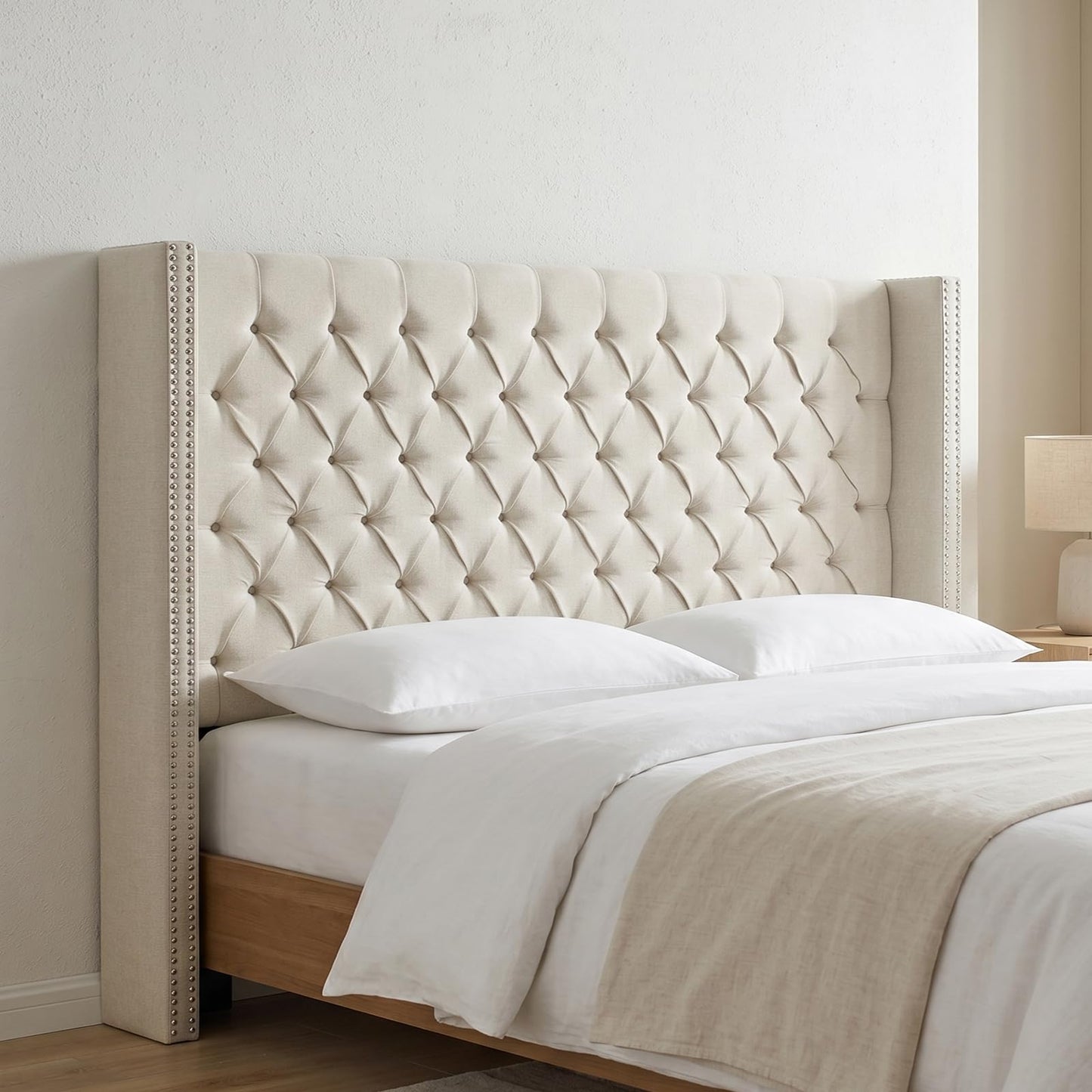 Madison Park Amelia Upholstered Headboard | Nail Head Trim Wingback Button Tufted | Queen, Cream