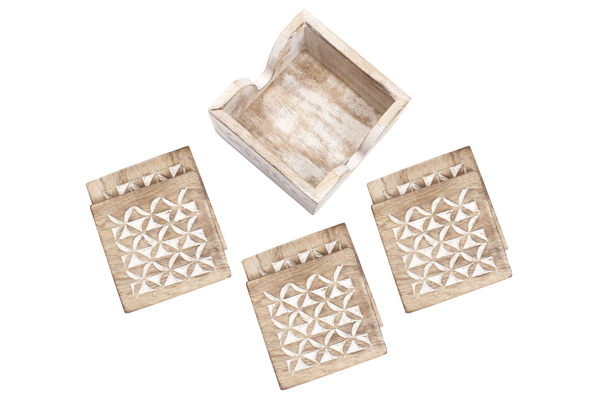 Wooden Set of 6 Whitewash Coasters with Holder Stand | White Distressed Coasters for Tea, Coffee & Drinks | Dining Table & Home Décor