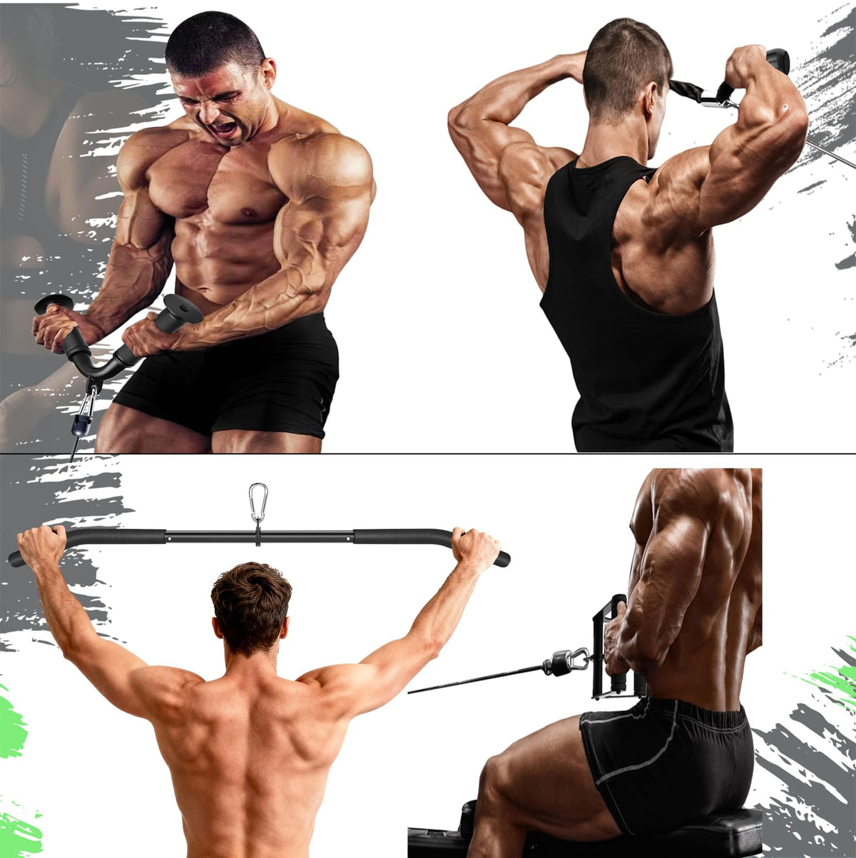 Cable Machine Attachment Set LAT Pulldown Attachments,Cable Machine Accessories for Home Gym Weight Workout Include LAT Pulldown Bar,Double D Bar, Tricep Rope,V Bar (Black-5 pcs)