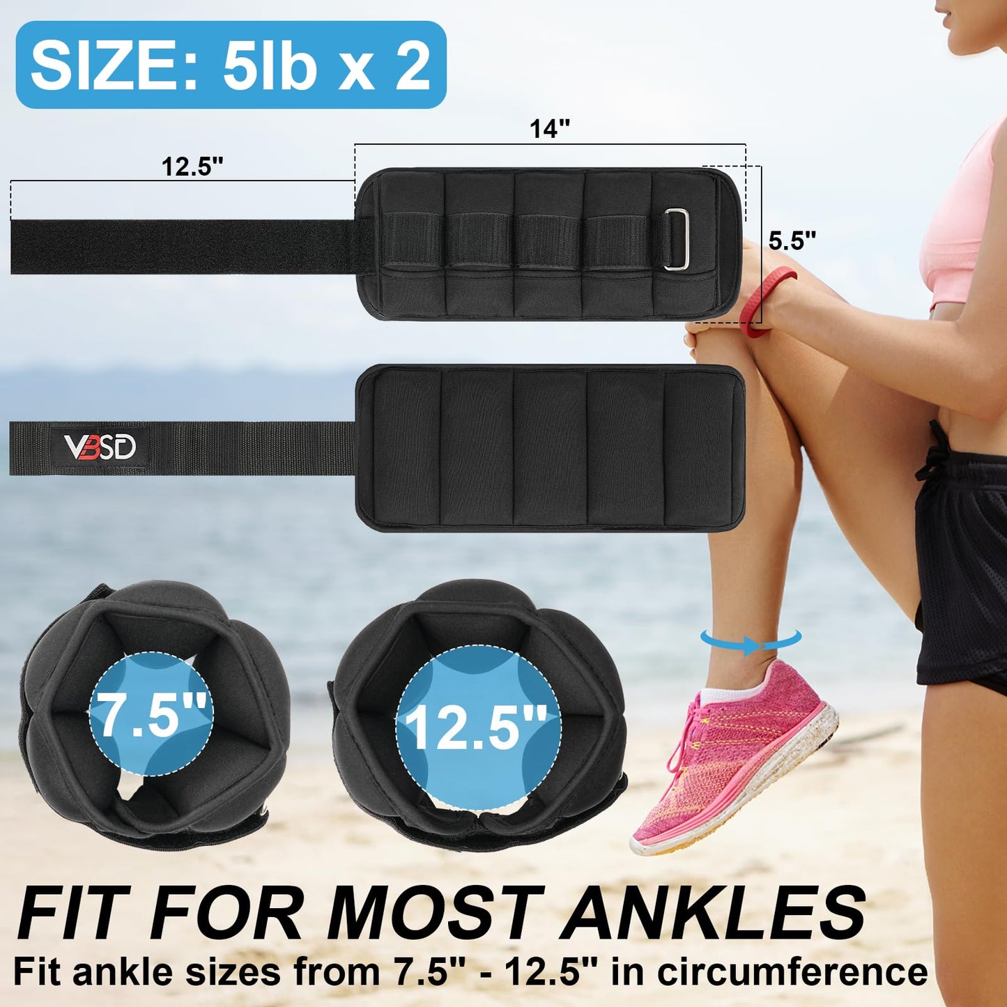 VBSD Adjustable Ankle Weights for Men Women, 10lb 1 Pair Leg Weight Straps, Weighted Ankle Weights Set for Gym, Yoga, Jogging, Walking, Aerobics, 1-5 lbs Each Ankle, 1 Pair 2-10 lbs