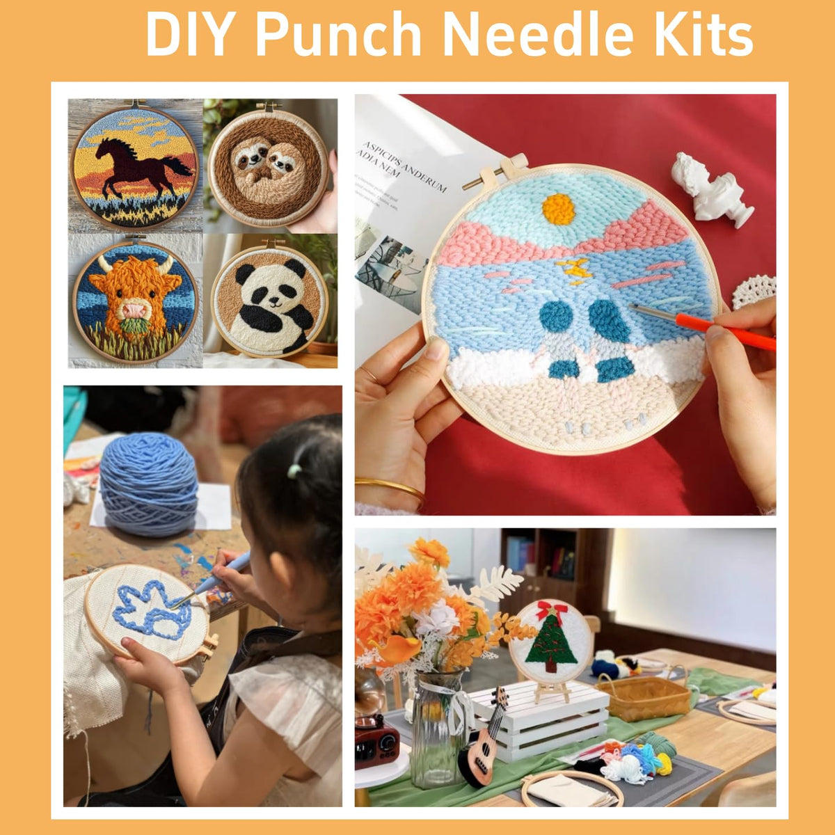 DIY Punch Needle Kits Cute Black and White Sheep Flowers Easy for Beginners Punch Needle Embroidery Set for Craft Lovers with Printed Pattern and Hoop for Home Decor 20x20cm-5