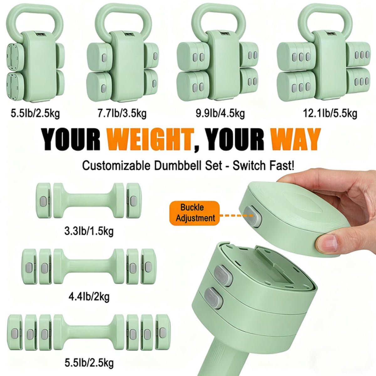 Adjustable Dumbbell Set, 4-in-1 Hand Weights Free Weights Set for Women, Fast Changing Dumbbells 2lb/3lb/4lb/5lb for Home Workout and Outdoor Fitness