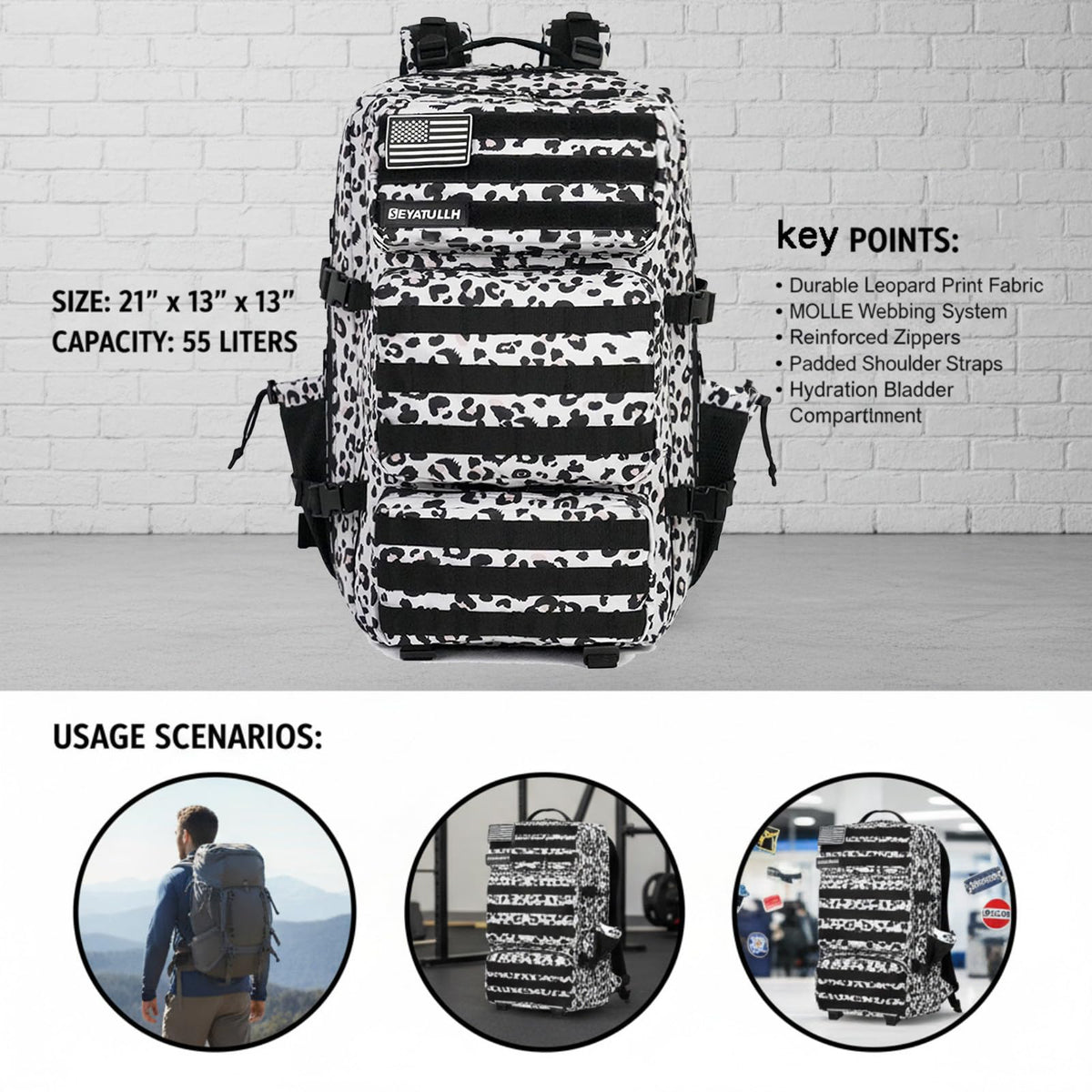 SEYATULLH Military Tactical Backpack 55L for Men & Women Bug Out Bag Assault pack Molle Daypack Hiking Trekking Rucksack (Leopard print color)