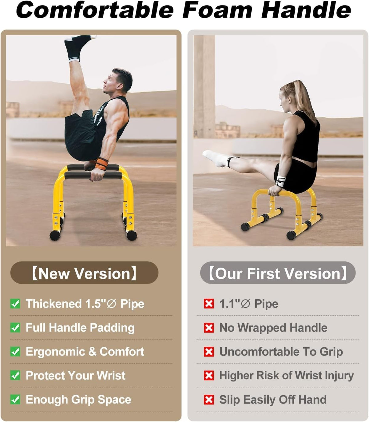 TABEKE Push Up Bar, 14'' High Steel Parallettes & Dip Bar with Full Coverage Foam Handle, Heavy-Duty Calisthenics Parallel Bars for L-Sit, Dips, Home Gym Strength Training Workout (Yellow)