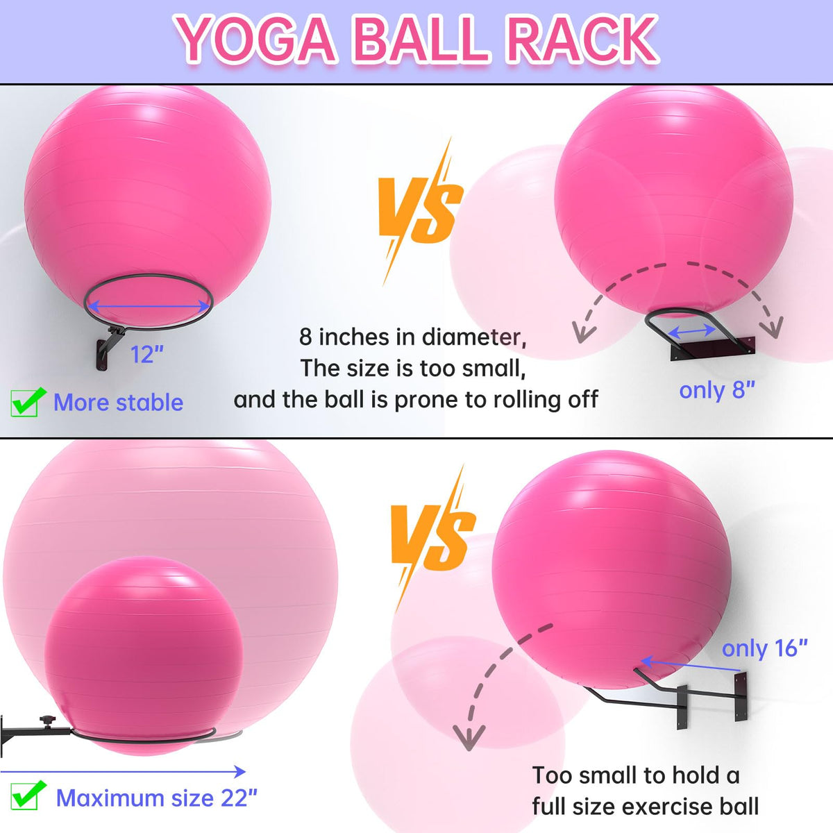 KOMOHOM Universal Wall-Mounted Exercise Ball Holder, Adjustable Yoga Ball Storage Rack for 14 to 30 Inch Stability Balls, Heavy-Duty Metal with 12-Inch Diameter Ring, Space-Saving Design