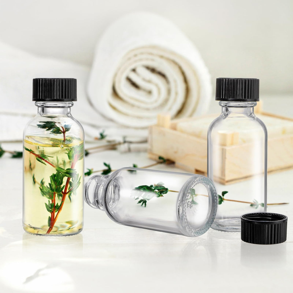 Bekith 30 Pack Boston Round Glass Bottle with Black Cap, 1 oz (30ml) Clear Glass Bottles Small Travel Bottle