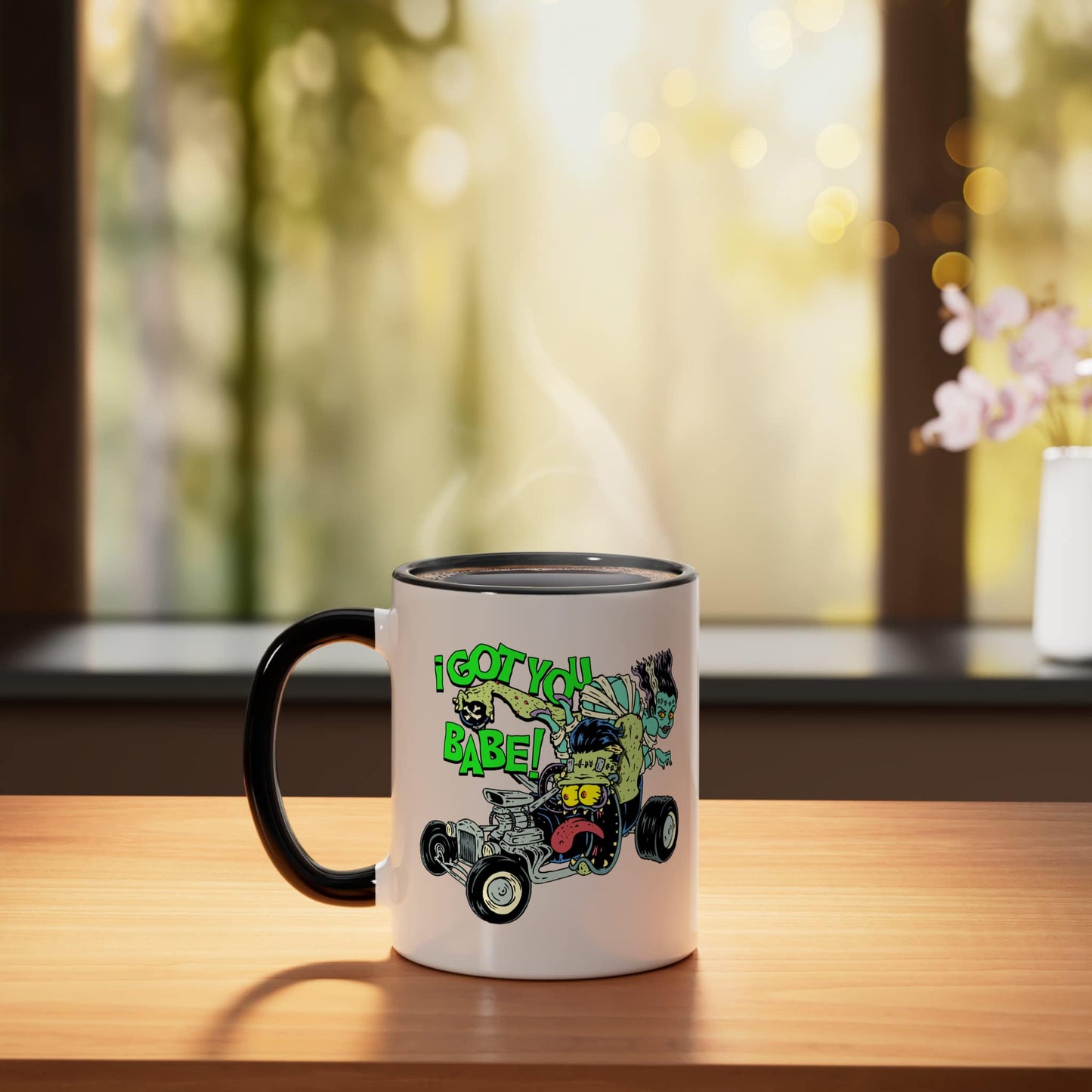 Hot Rod Gasser Frankenstein Monster Car Dragster Bride Mummy Ceramic Mug, Black/White