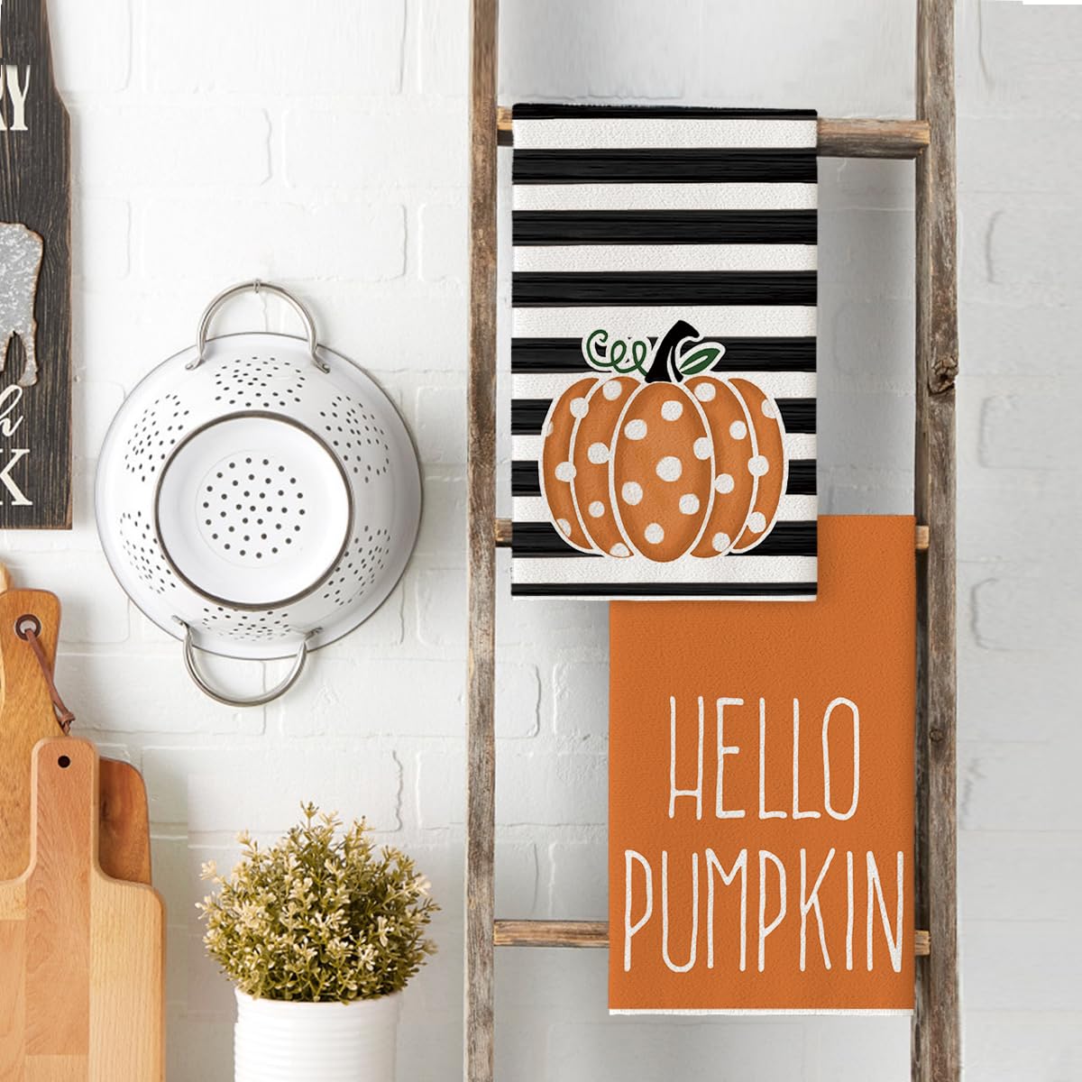 Artoid Mode Orange Polka Dot Stripes Hello Pumpkin Fall Kitchen Towels Dish Towels, 18x26 Inch Farmhouse Decoration Hand Towels Set of 2