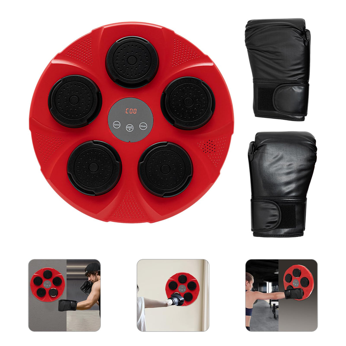 Wall Mount Boxing Machine Trainer, Music Interactive Punch Pad with Red & Black Gloves, Home Fitness Training Equipment for Cardio, Stress Relief, Adults & Teens