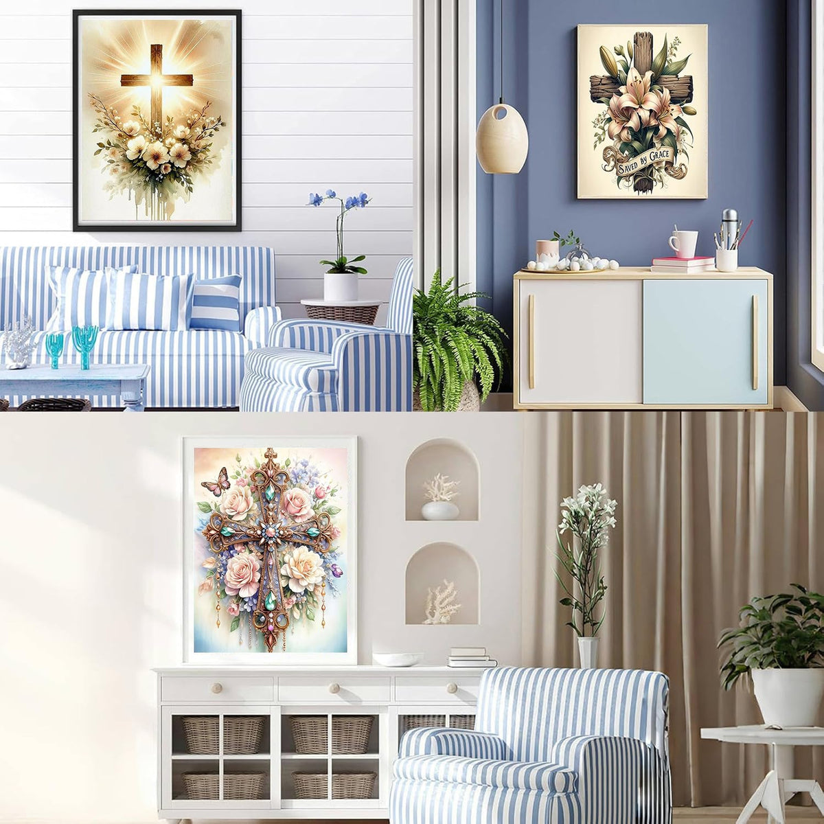 EIBEILI 3 Pack Cross Diamond Art Kits for Adults - 5D Diamond Paintings for Beginner,DIY Flowers Round Full Drill Dots Pictures Gem Art Painting Kits for Home Wall Decor 12x16inch