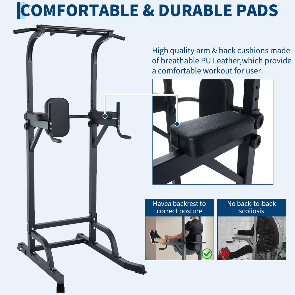 Power Tower Pull Up Bar Dip Station, Adjustable Height Home Gym Equipment, Heavy Duty Strength Trainer with 880 Lbs Capacity, Multi-Function Workout for Full Body Exercise, Stable Fitness Equipment