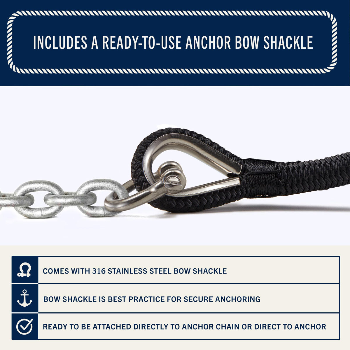 RainierSupplyCo Boat Anchor Rope - Double Braided Marine Rope Anchor Line - 300 ft x 1/2 Inch Nylon Boating Line with 316 Stainless Steel Thimble and Heavy Duty Marine Grade Bow Shackle - Black