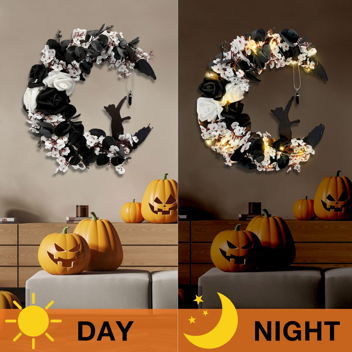 Halloween Wreath Moon Cat Black White Wreath Halloween Decor 13.7in×9.8in