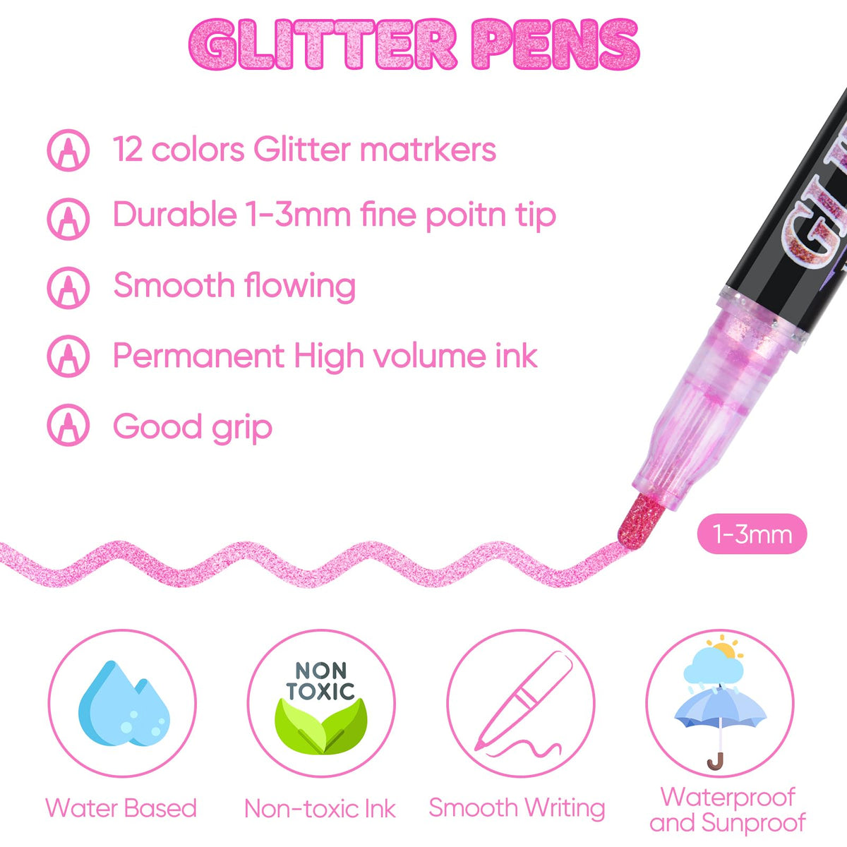 OLINGYOU Glitter Marker Pens,12 Colors Self-Shimmer Metallic Markers,Glitter Paint Pens DIY Crafts Greeting Birthday Cards, Making Poster,Album,Scrapbooking,Wood