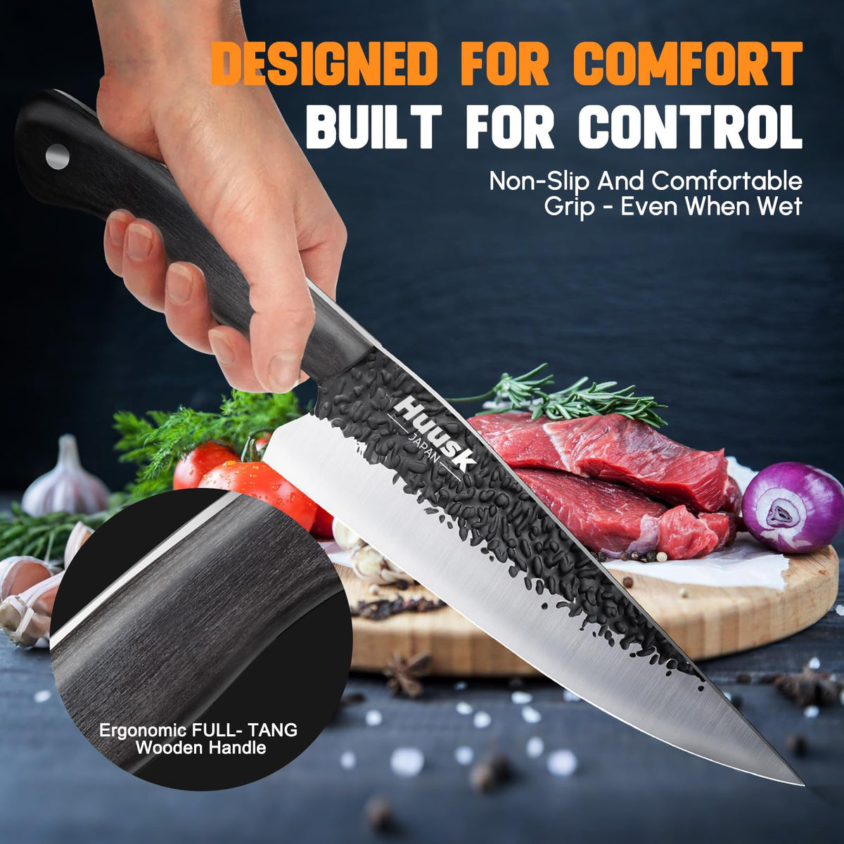 Huusk Chef Knife Japanese Kitchen - Hand Forged Viking Knife for Meat Cutting - Ideal Kitchen Knife Made From a Single Piece of High Carbon Steel Christmas Gift for Men and Women