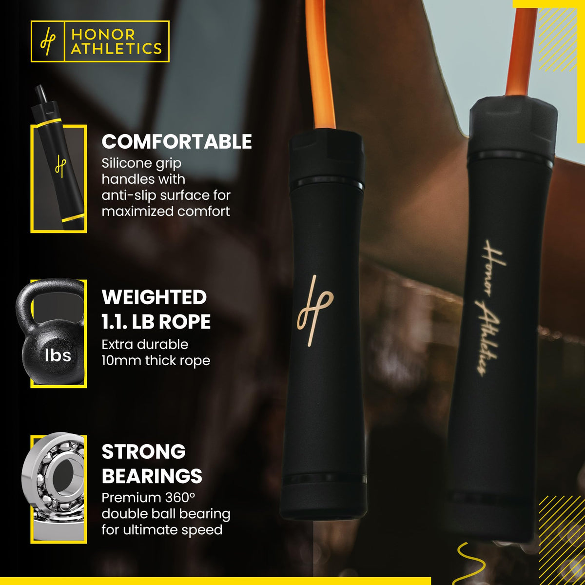 Honor Athletics,WEIGHTED 1.1lb HEAVY Jump Rope for High-Intensity and Strength Training,Adjustable 10ft PVC Rope with Ergonomic Grip, Ball Bearing, and Fitness,Designed for Adults and Kids (Black)