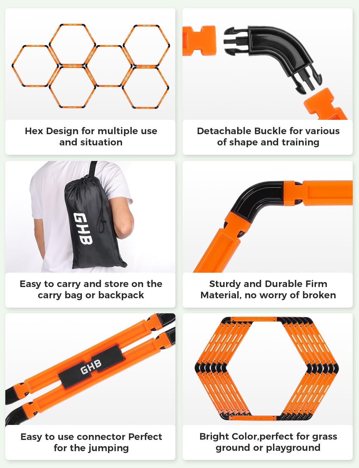 GHB Hex Agility Rings Speed Rings with Carrying Bag 6 Set Portable Hexagon Rings, Agility Ladder for Agility Footwork Training (Orange)