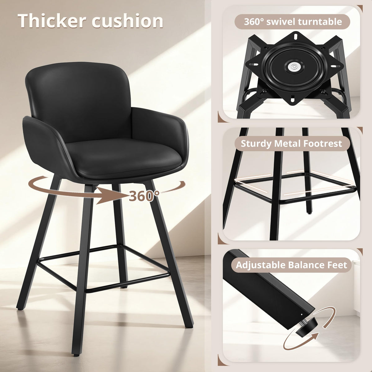 LUE BONA 26" Swivel Bar Stools Set of 4, Counter Height Bar Stools with Backrest and Arms, Modern Upholstered Barstools with Metal Legs for Kitchen Island, Black