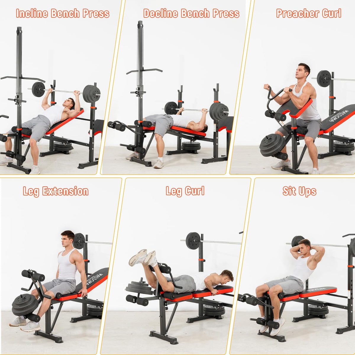 MAIDOMA 1500LB 8 IN 1 Weight Bench with Lat Pulldown and Leg Extension/Curl, Foldable Bench Press with Preacher Curl & Squat Rack, Workout Benches with Safety Bar Catches for Home Gym