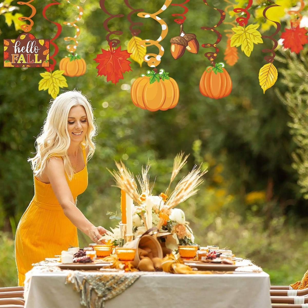 36CT Autumn Hello Fall Party Hanging DecorationsFoil Swirls Pumpkins Maple Leaves Acorns Harvest Thanksgiving Photo Props Ideas Ceiling Door Whirls Streamers Supplies