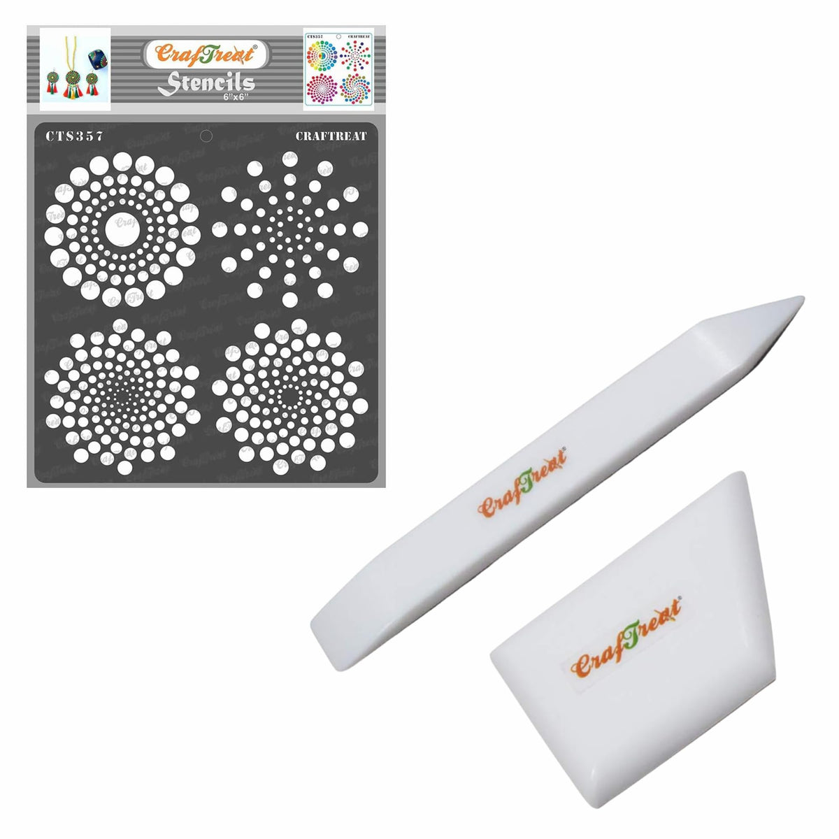 CrafTreat Craft Bundle: Dot Mandala Stencil (6x6 Inch) and Teflon Bone Folder Tool Set - Reusable Stencil for Dots and Spiral Patterns, and Ergonomic Scoring Tools for Paper Crafting and Leather Work