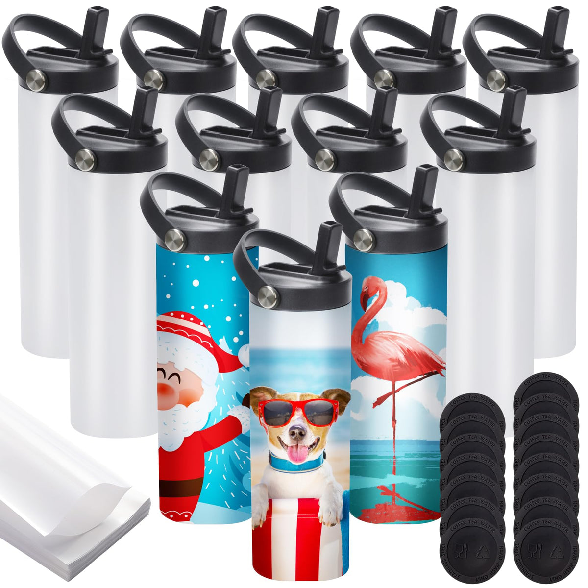 12 Pack Sublimation Tumblers Flat Edge Blanks Skinny Straight 20 oz, Stainless Steel Double Wall Insulated Sublimation Water Bottles with Portable Handle & Straw Lids for Heat Transfer, White