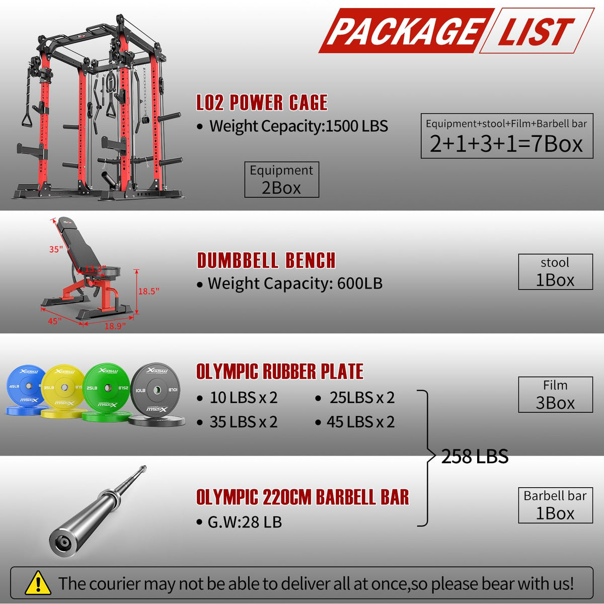 Power Rack Power Cage Multi-Function Squat Rack with Cable Crossover System Selectable More Training Attachment Power Rack for Garage & Home Gym (Red, F Set L02+Weight Bench+（Pole+Color BP） 258LBS)