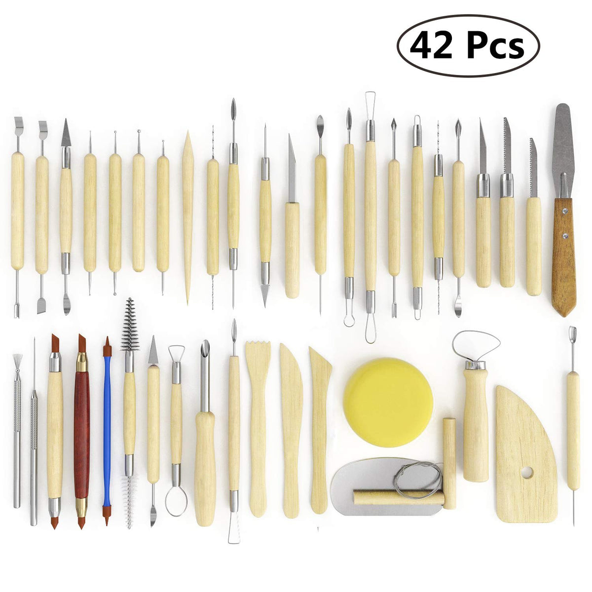S & E TEACHER'S EDITION 42 Pcs Polymer Clay Tools, Air Dry Clay Tools, Clay Scultping Tools Double-Sided with Smooth Wooden Handles Pottery Craft Carving Molding Shaping