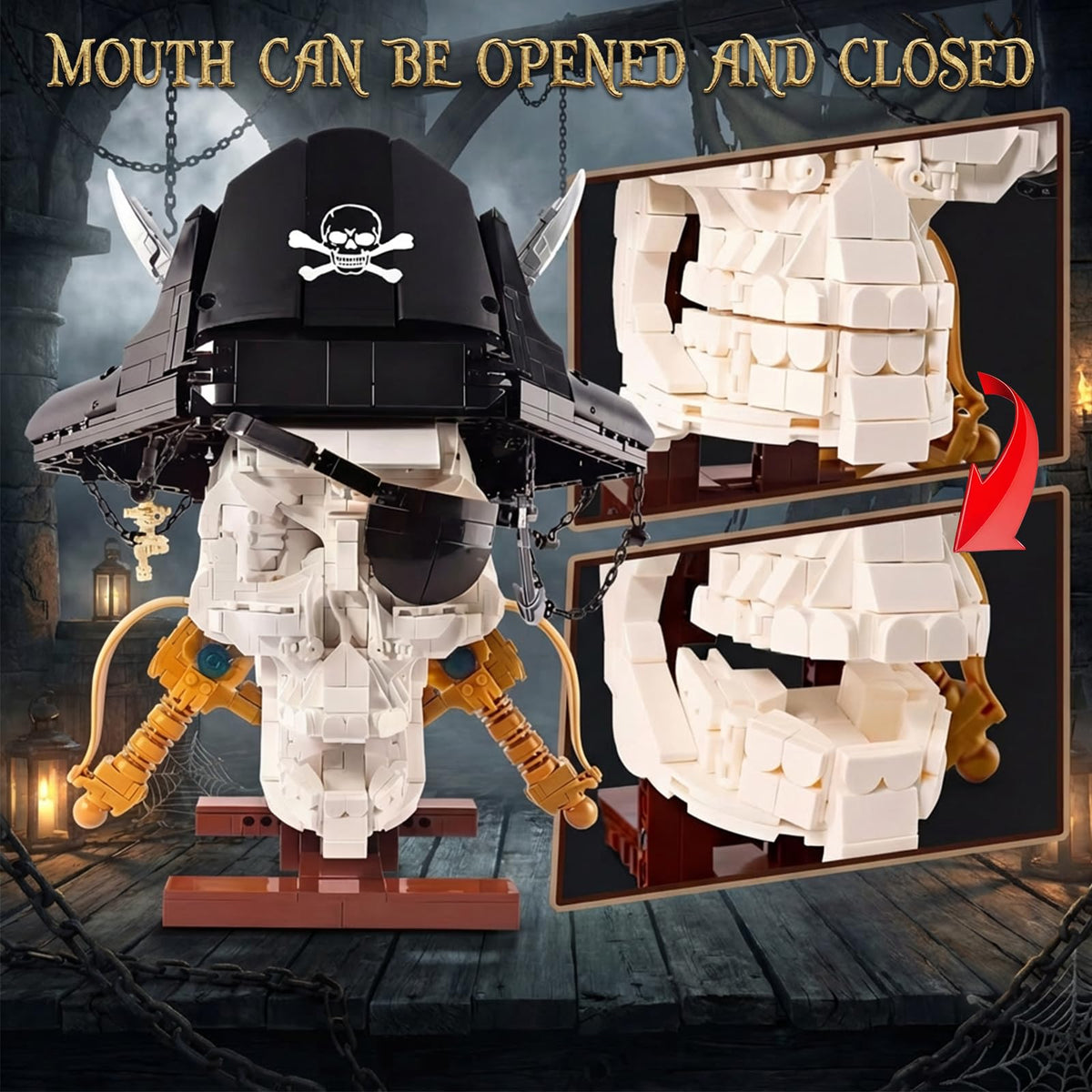 Holexapyd Gothic Pirate Skull Building Set for Adults,Horror Skeleton Head Model with Display Base, Cool Unique Ideal Building Block Sets for Home Table Decor (1167 PCS)
