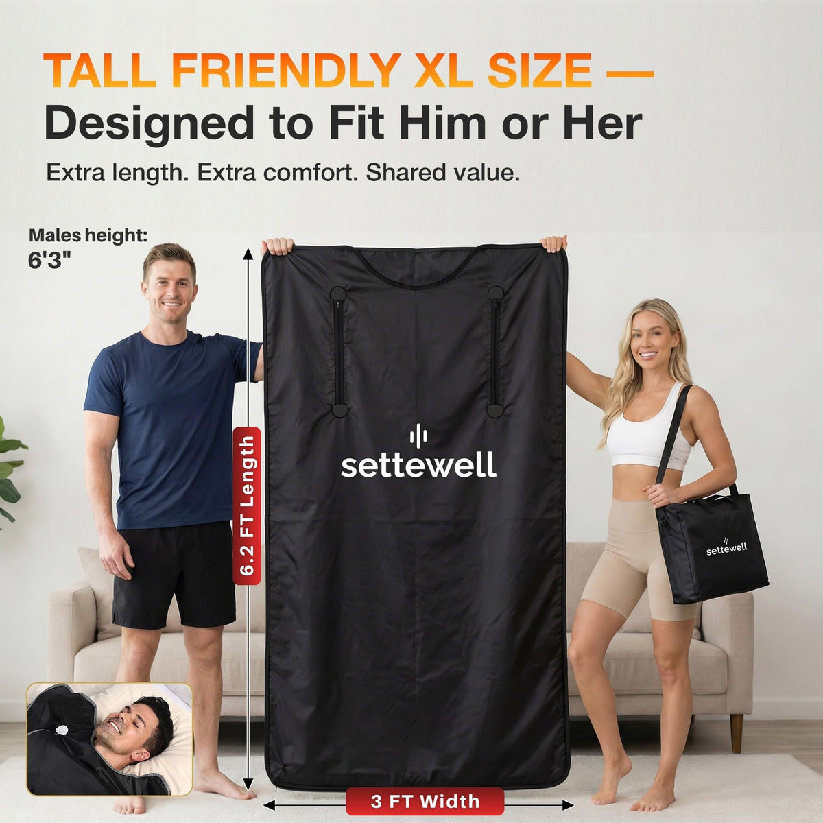 SetteWell Infrared Sauna Blanket | XL Size Fits 6'5" | Low EMF Sauna Blanket for At-Home Muscle Recovery & Tension Release | Far Infrared Heat, Easy-Clean Waterproof Design, Fast Heating Temp 77–176°F