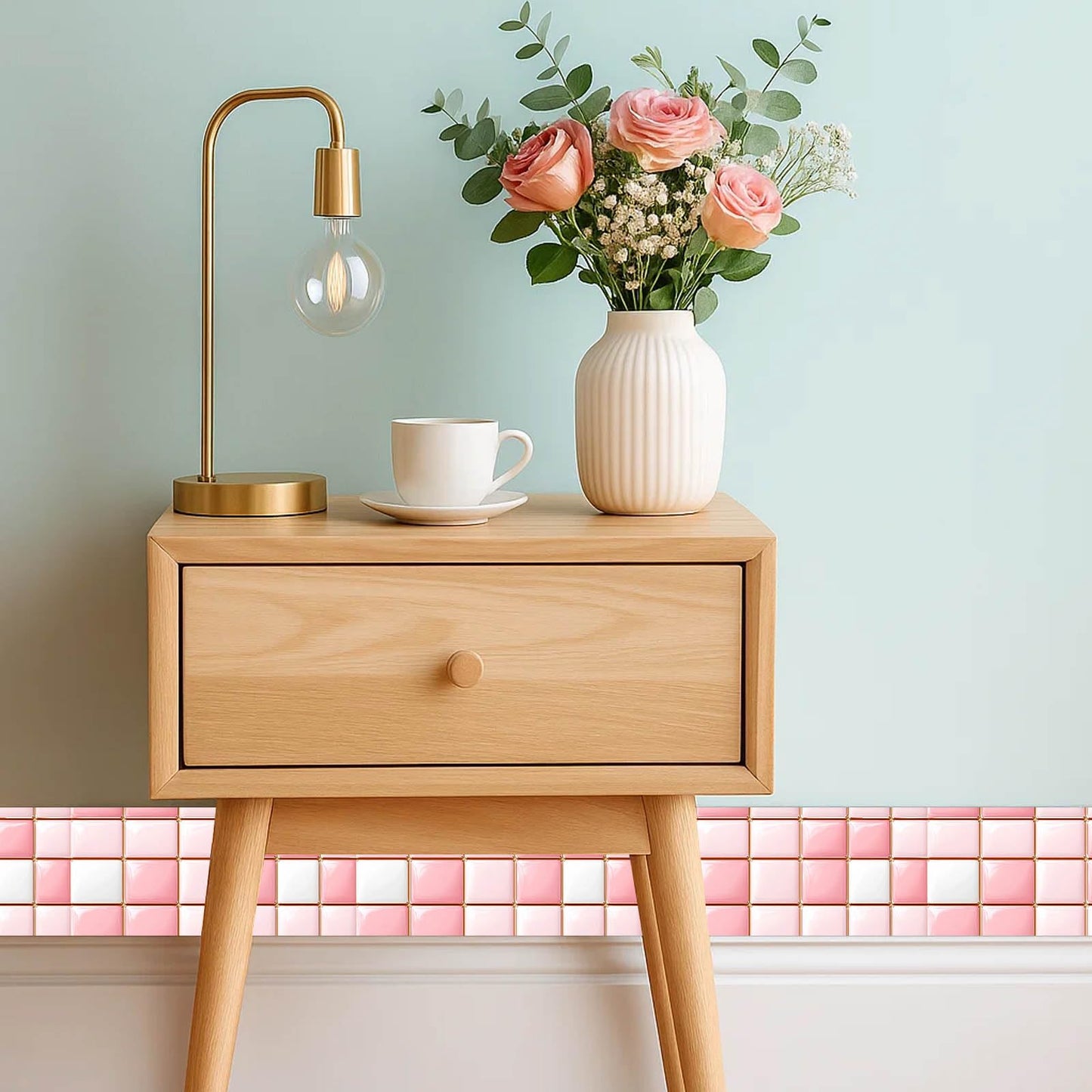 IVN Wallpaper Border Peel and Stick Decorative Wall Trim Self Adhesive Pink White Glossy Mosaic Pattern Accent Strip for Bathroom Laundry Room Pool Area Mirror Frame Shelf Wall Edge 4x196 Inch