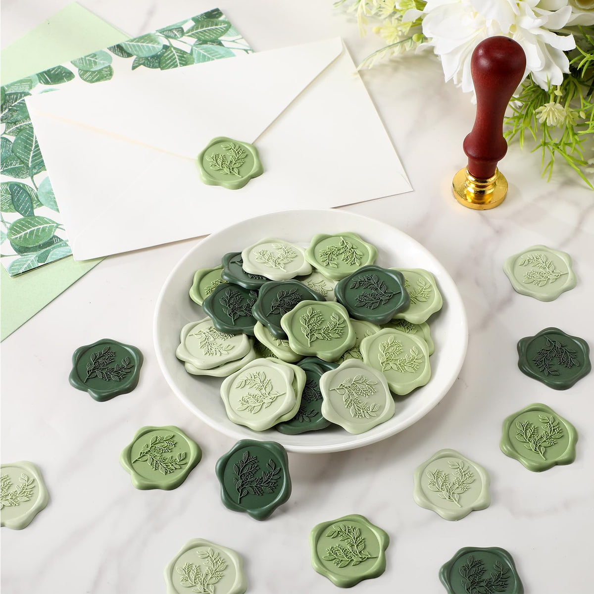 Conelist 50 Pcs Sage Green Wax Seal Stickers for Wedding Invitation Envelope Eucalyptus Self-Adhesive Stickers for Invitation Cards, Gift Wrapping, Party Menu Decor