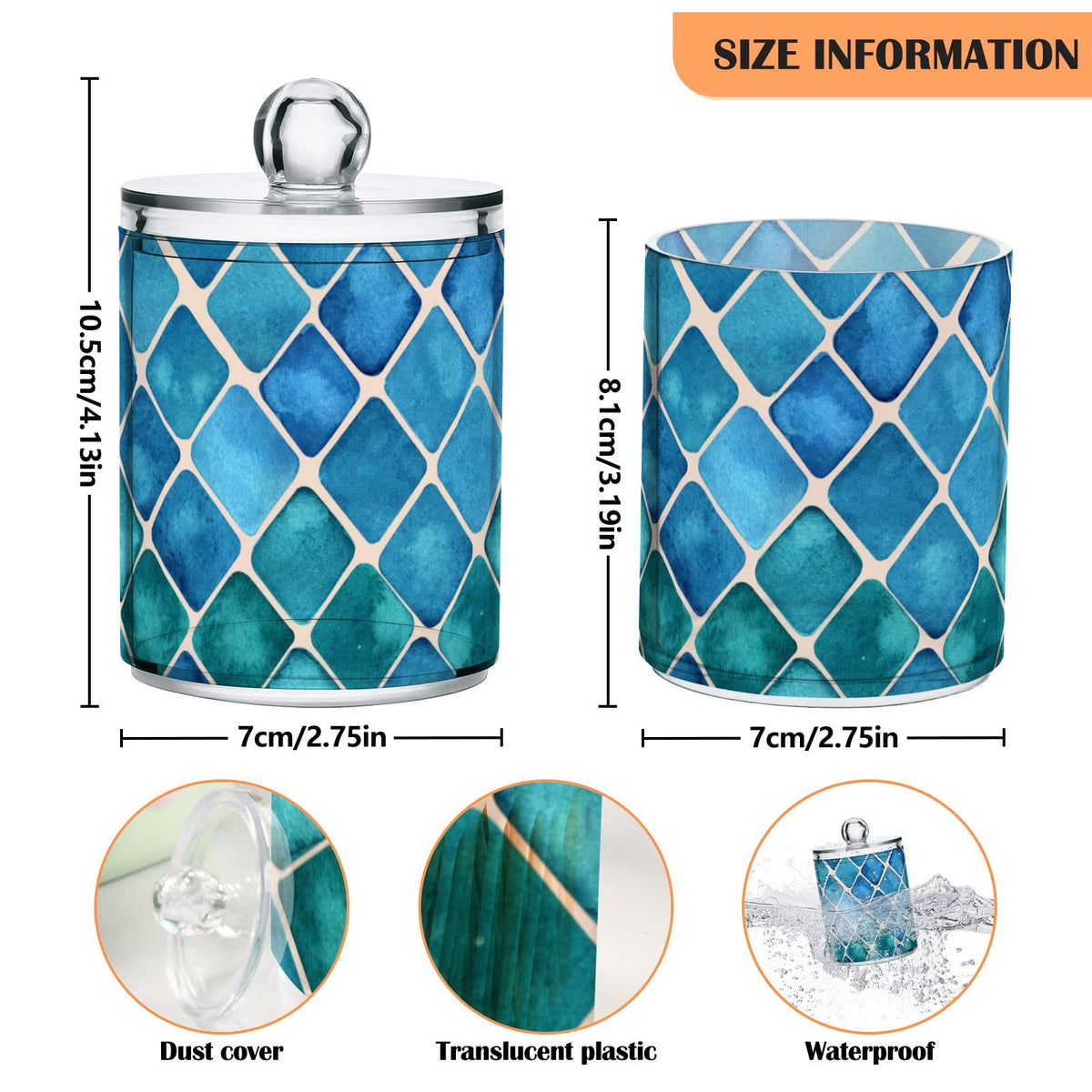 Fustylead 2 Pack Blue-green Squares Qtip Holder Dispensers, Bathroom Storage Canister Plastic Apothecary Jar Set for Cotton Swabs, Ball, Pads, Floss