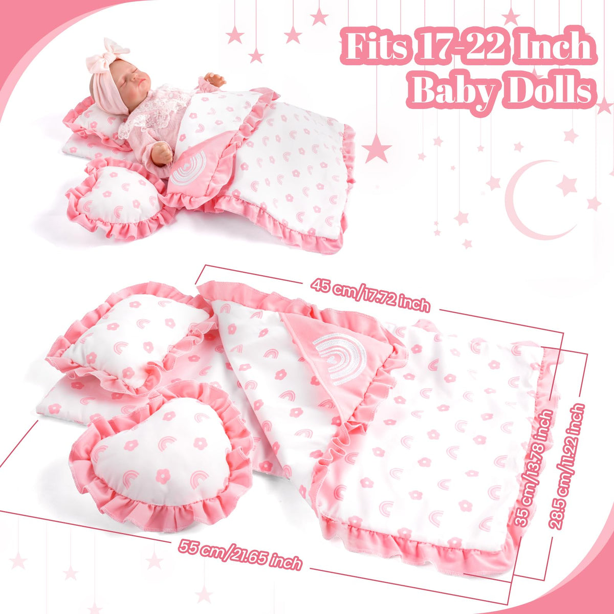 BABESIDE 4 Pcs Baby Doll Bedding Set for 17-22 Inch Babydolls, Babydoll Bed Accessories Dolls Blankets with Pillows for Reborn Baby Doll Accessories, Pink Flower & Rainbow Patterns