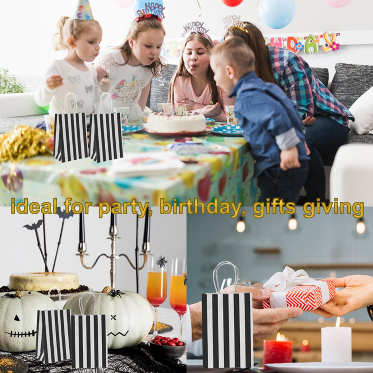 Ronvir 100Pcs Small Gift Bags,Black & White Striped Recycled Paper Bag