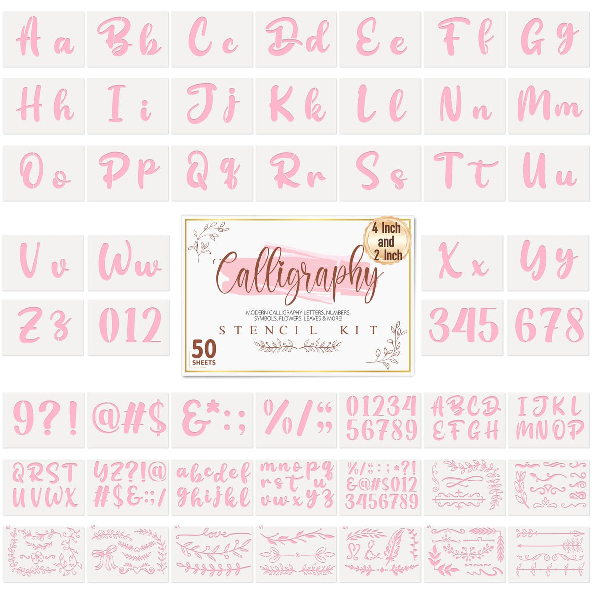 Patemby 50PCS Calligraphy Stencil Template Kit - 4 Inch and 2 Inch Letter Stencils and Numbers, Plastic Alphabet Stencils for Crafts Reusable for Arts Crafts Painting Wood