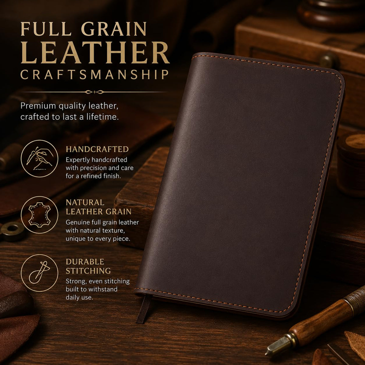 CestAntiQ Full Grain Leather A5 Journal Cover for 5.75 x 8.25 in Hardcover Notebook, Refillable Leather Notebook Cover with Pen Loop, Compatible with Leuchtturm1917, Moleskine & A5 Planners, Handmade (Dark Brown)