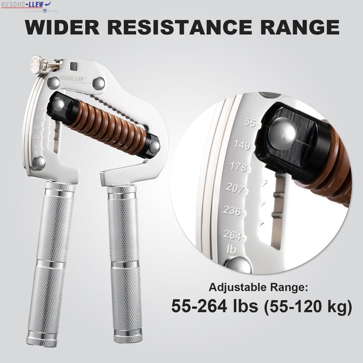 NESOHC-LLEW Adjustable Grip Strength Trainer: Premium 304 Stainless Steel Structure, Aerospace Grade Aluminum Alloy Handle, Grip Strength Adjustable Range 55-264 lbs