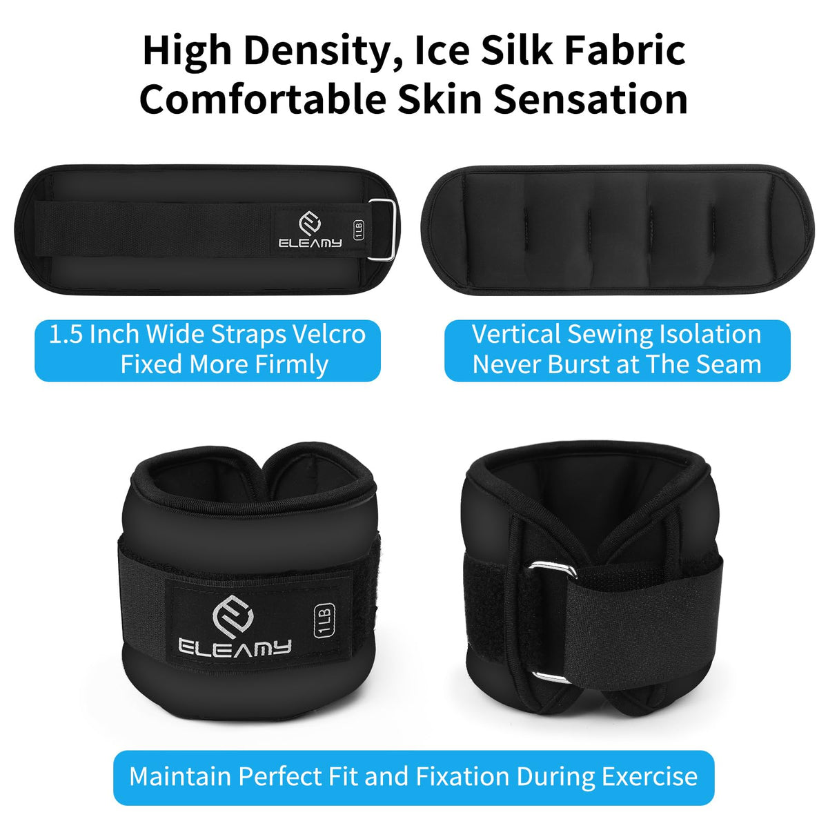 ELEAMY Ankle Weights for Women & Men - 1lb/2lb/3lb Pairs for Walking, Running, Yoga, Fitness - Premium Ice Silk Fabric - Comfortable, Durable & Tear Resistant - Black (1.0lb*2)