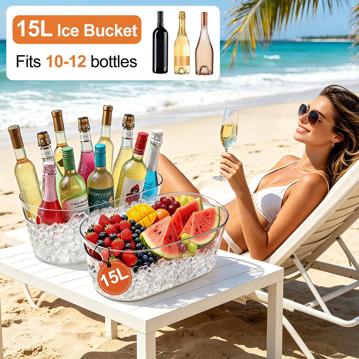 Ice Buckets for Parties 2 Packs, 15L Large Ice Bucket with 2 Scoops, Clear Acrylic Plastic Tub for Home Office Fridge Storage, Supplies for Champagne, Beer, Cocktail on Mimosa Bar Drinks and Parties