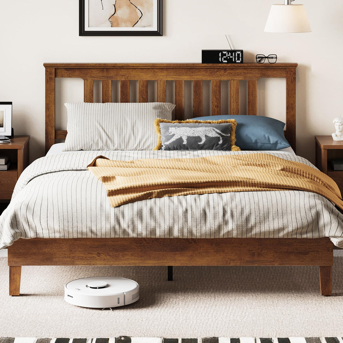LINSY Solid Wood Bed Frame, Full Bed Frames Wooden Platform Frame with Headboard and Slat Bases, Mid Century Modern Bedframe No Box Spring Needed, Easy Assembly, Antique Walnut