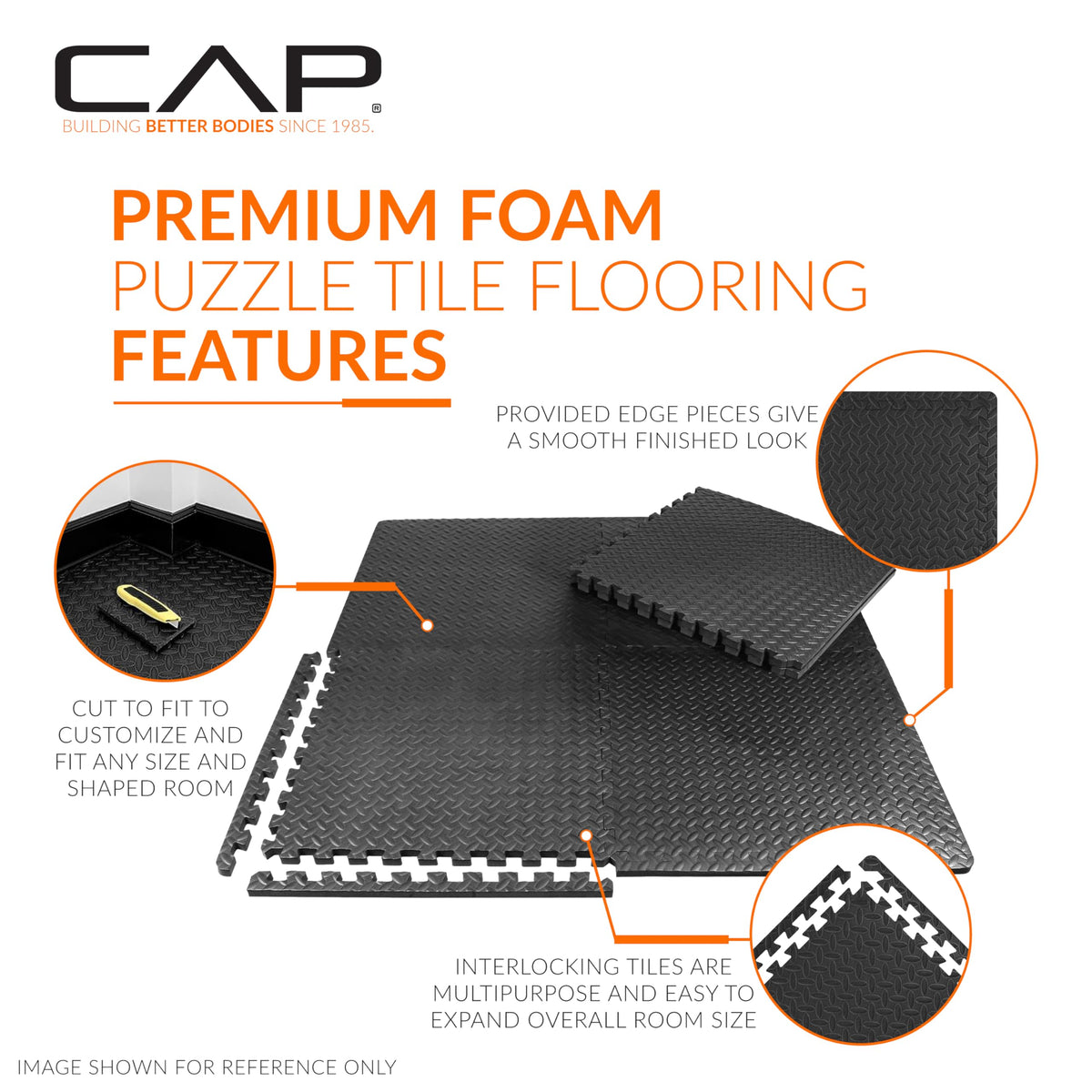 CAP Barbell 1/2-Inch Interlocking EVA Foam Exercise Puzzle Mat Home Gym Flooring - 1 Pack | 24" x 24" x 1/2" | Diamond Pattern - Black