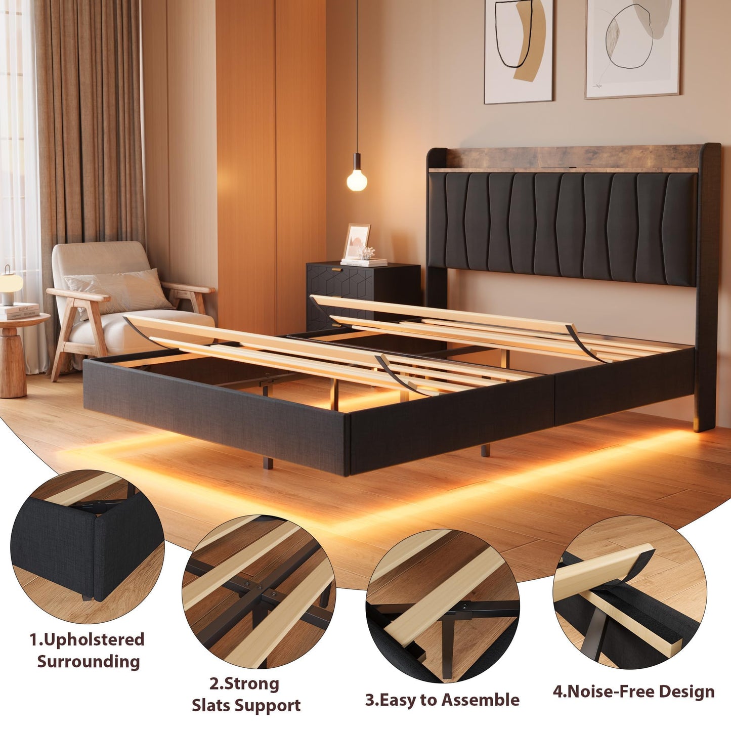 GAOMON Floating King Size Bed Frame with Upholstered Storage Headboard, Platform Bed Frame with LED Lights & Charging Station, Wood Slats Support, No Box Spring Needed, Black