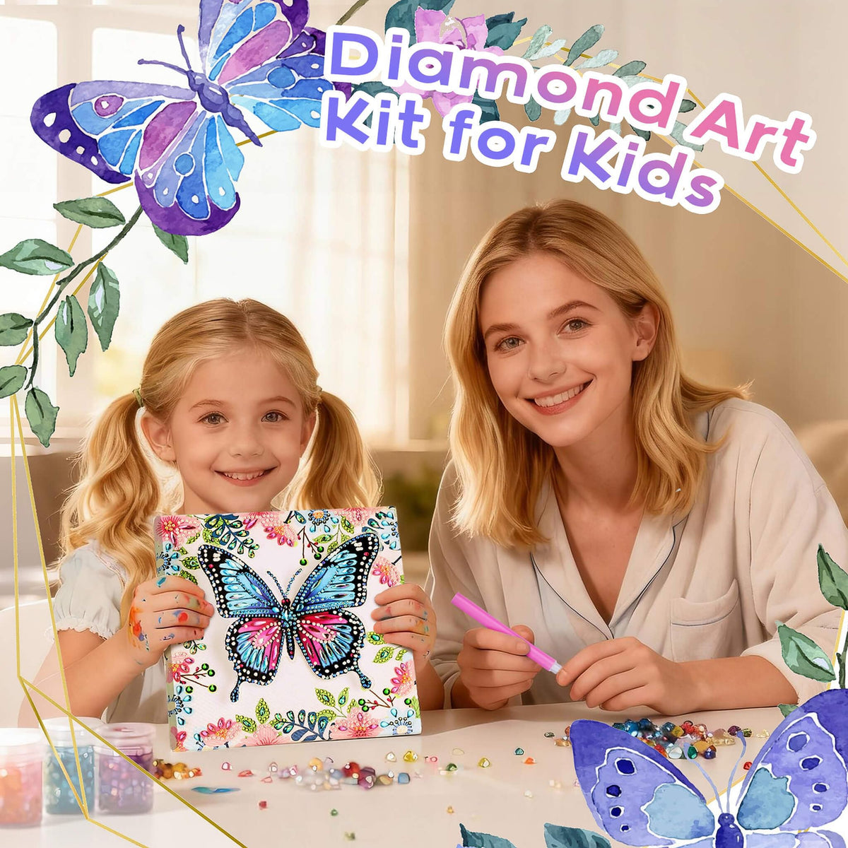 Arts and Crafts for Kids Age 8-12, 3D Pink Butterfly Diamond Art Kits, Gifts for Kids Age 6 7 8 9 10 with Plastic Easels DIY Gem Art Foldable Clear Butterfly Painting with Frame for Home Decor