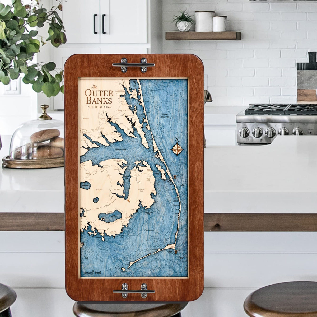 Outer Banks 3D Wood Map Nautical Decor Serving Tray & Wall Art, OBX Coastal Home Decor, Nautical Ottoman Tray, Handcrafted in The USA, 13 x 24.5-in (Distressed Coffee/Deep Blue)