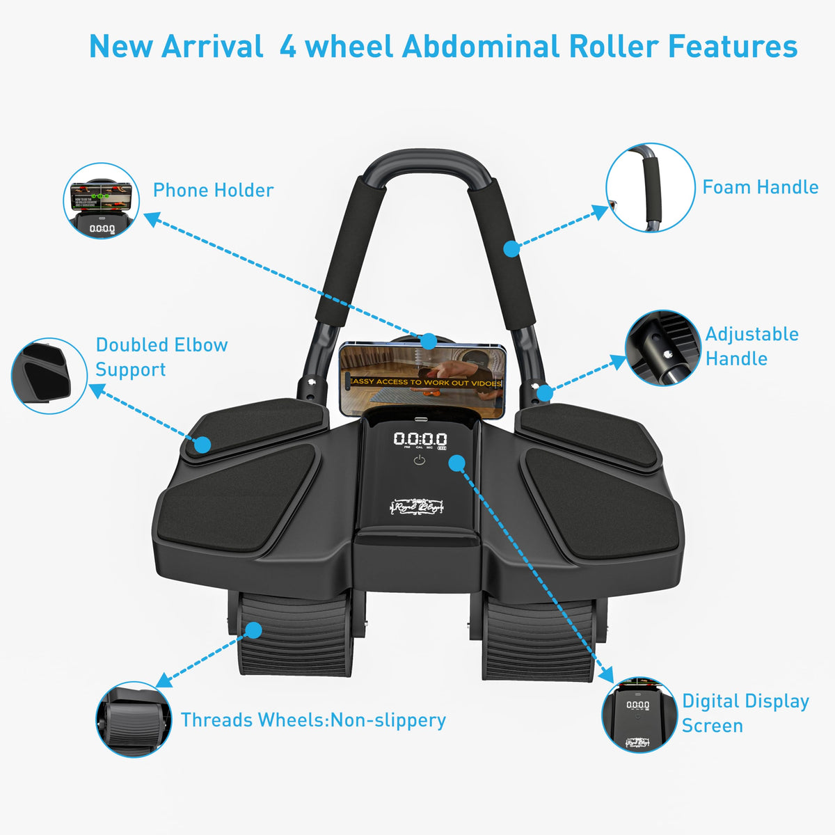 Ab Roller Home Gym Equipment – 4 Wheels Ab Wheel Muscle Roller, Yoga Stretching Strap, 3 Resistance Bands – Comfortable Elbow Support with Non-Slip Handles