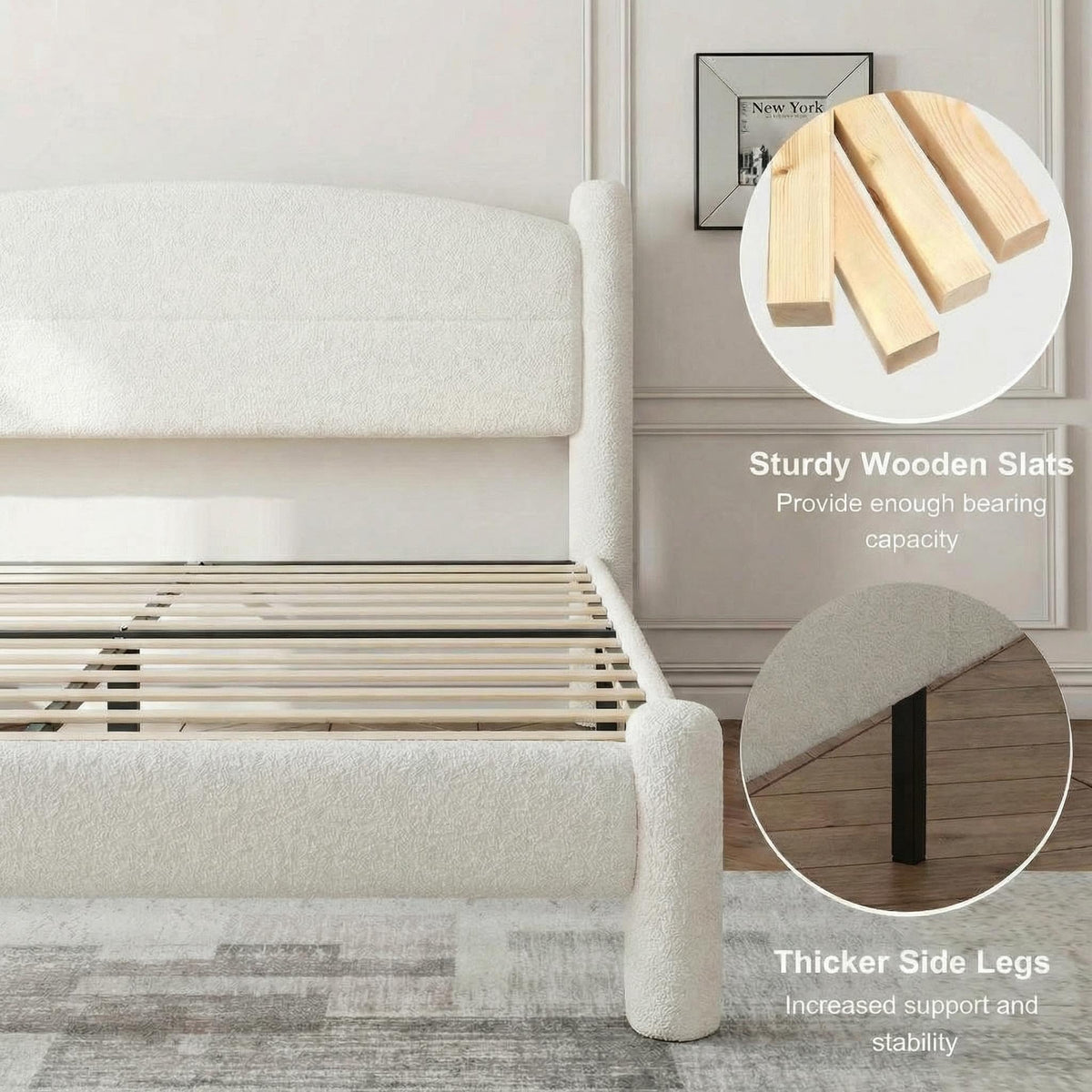 Garvee King Size Boucle Bed Frame, Upholstered Platform Cloud Bed with Soft Round Headboard & Cylindrical Legs, Heavy Duty & Noise Free, No Box Spring Needed, Easy Assembly, White
